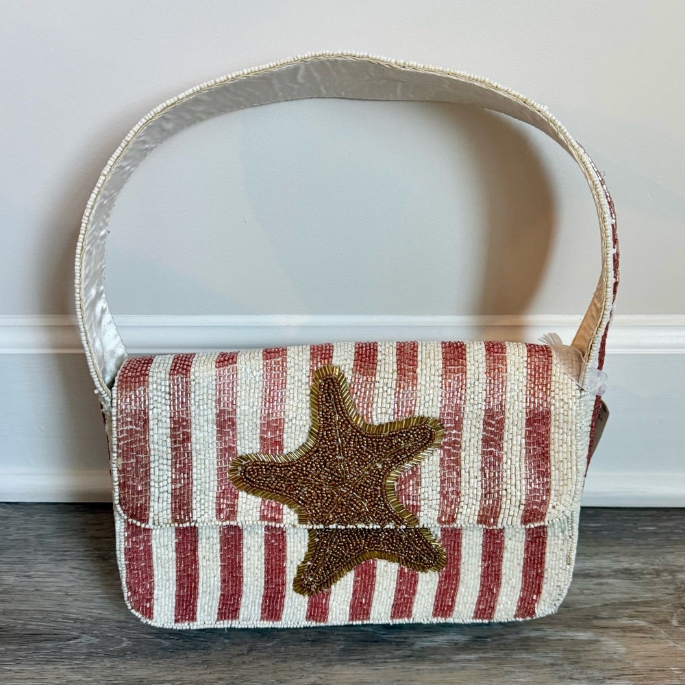 NWT Striped Star Starfish Beach Beaded Shoulder Bag Pink White Gold